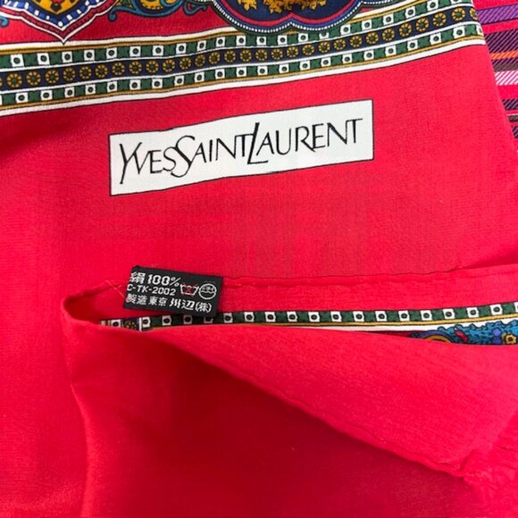 Beautiful Yves Saint Laurent YSL  Silk Satin Scarf 60"x15" Red Green Fringe (22 - Picture 6 of 9